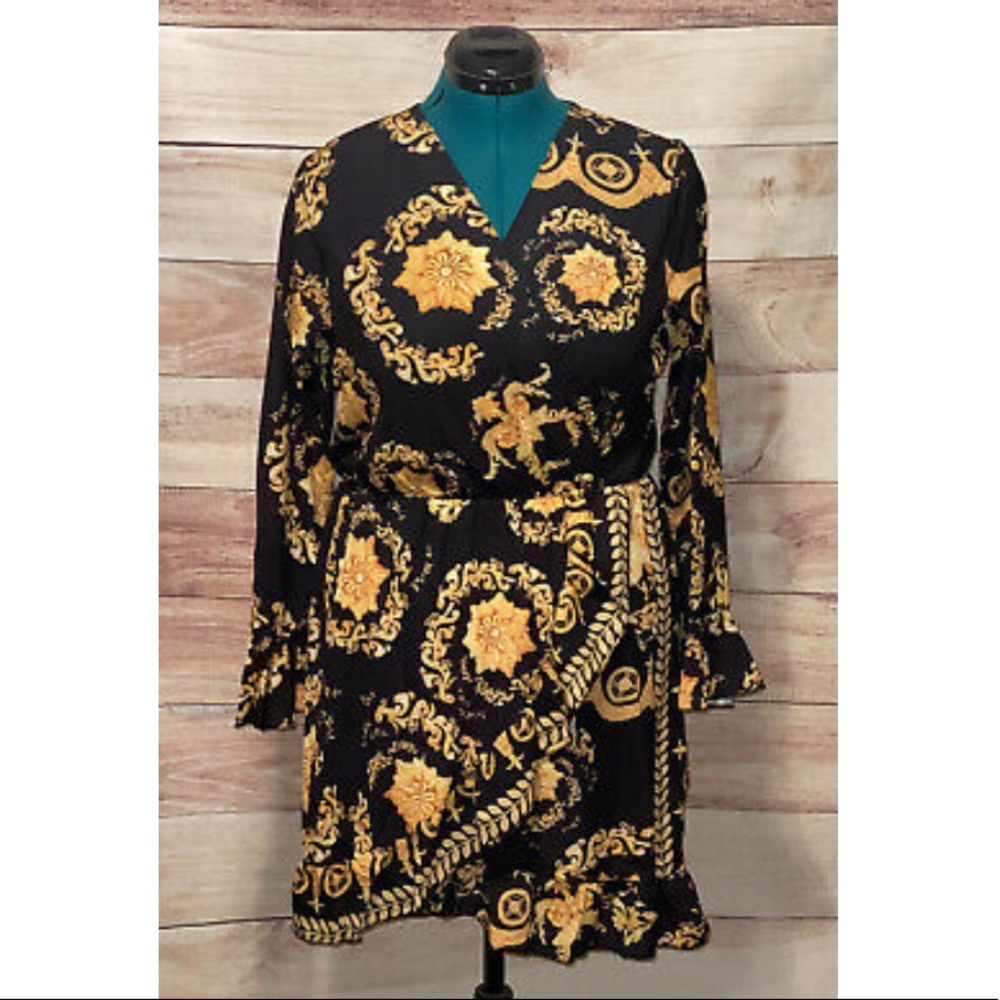 Simply Couture Black Yellow Dress Size L Vneck NWT